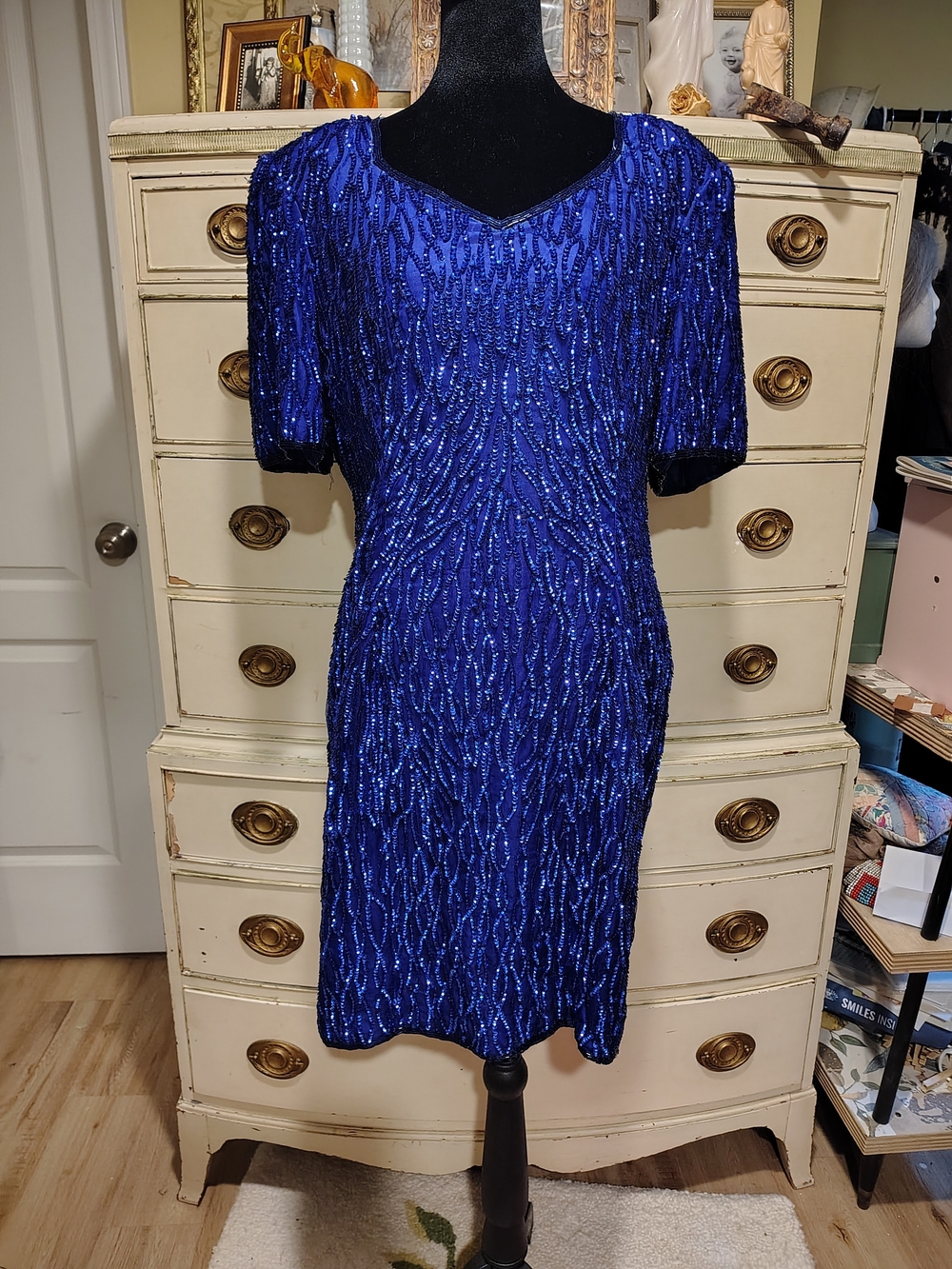 Vintage 80s Shoulder Pads Stenay Royal Blue Beaded Sequin Midi Dress